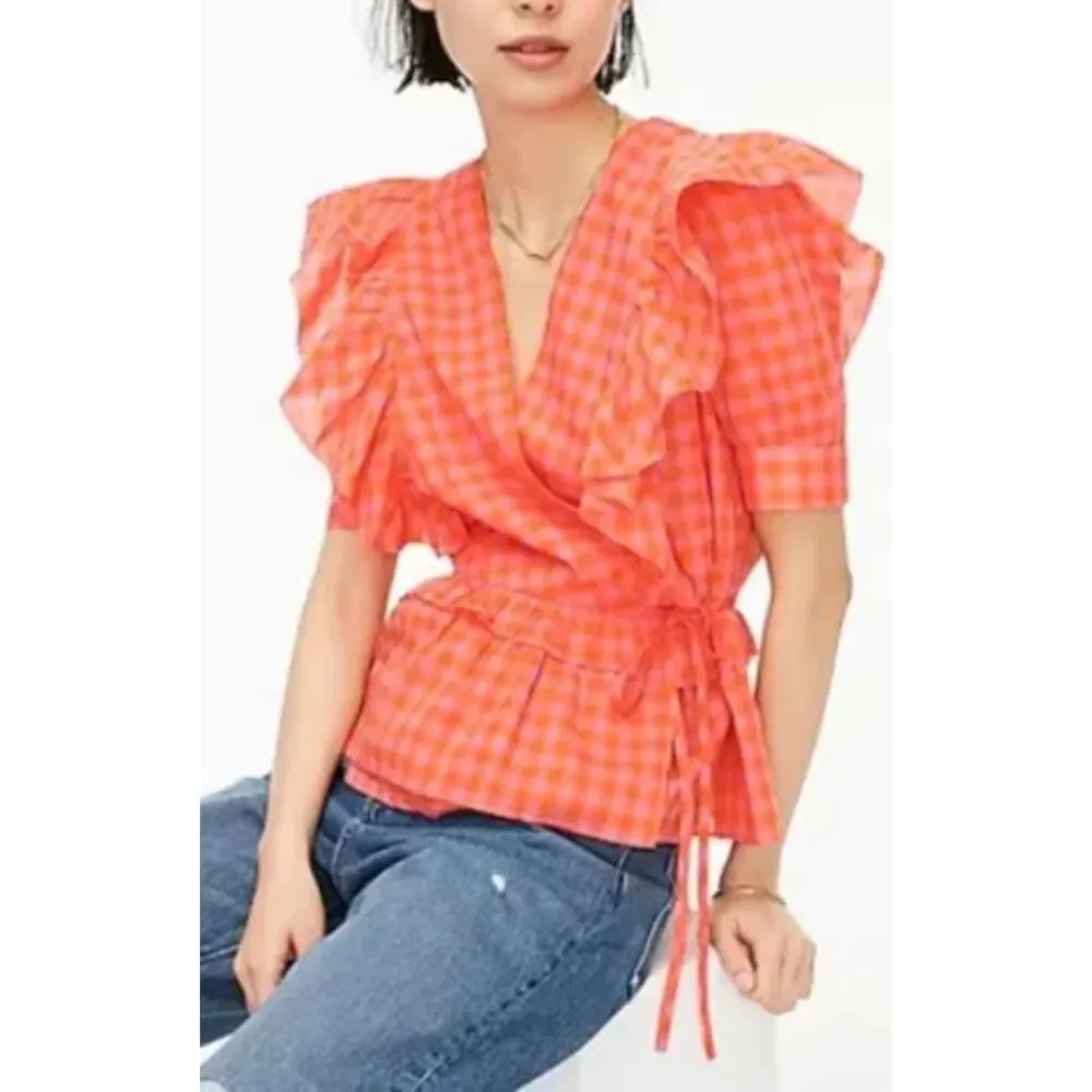 J.Crew Ruffle Wrap Top Gingham Pink Orange Organic Cotton Peplum Blouse XL